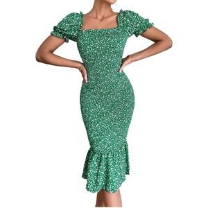 Pretty Garden Green Floral Puff Sleeve Bodycon Midi Dress Size M nwt